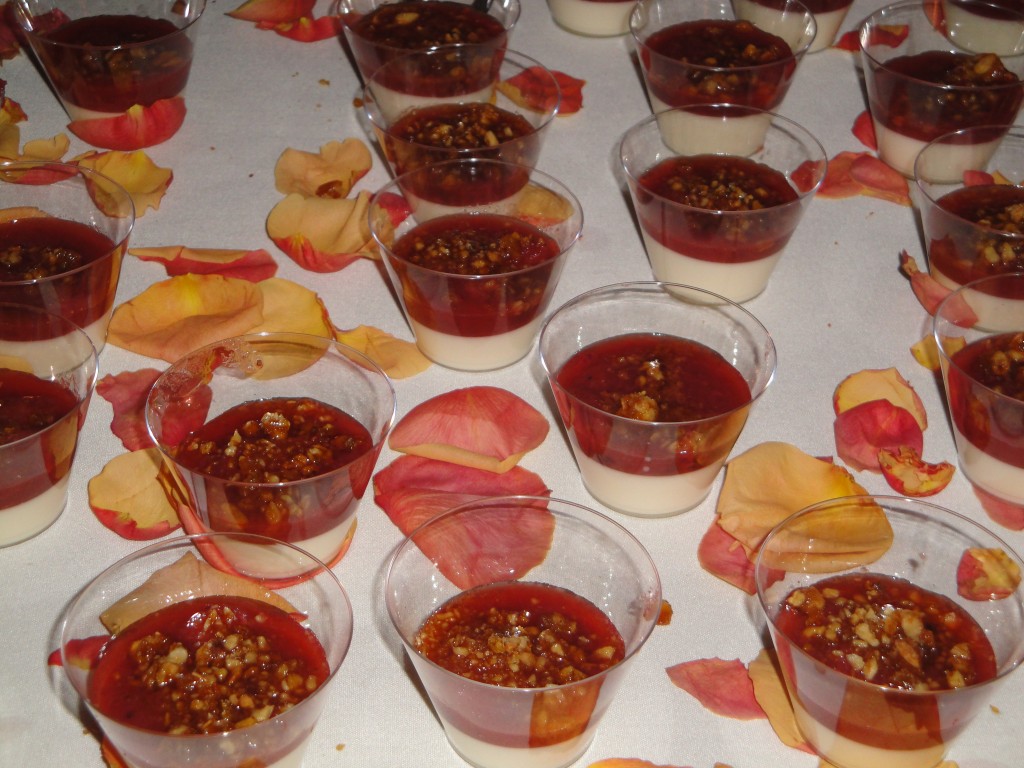 Lime panna cotta, strawberry rubarb jam, pignoli brittle
